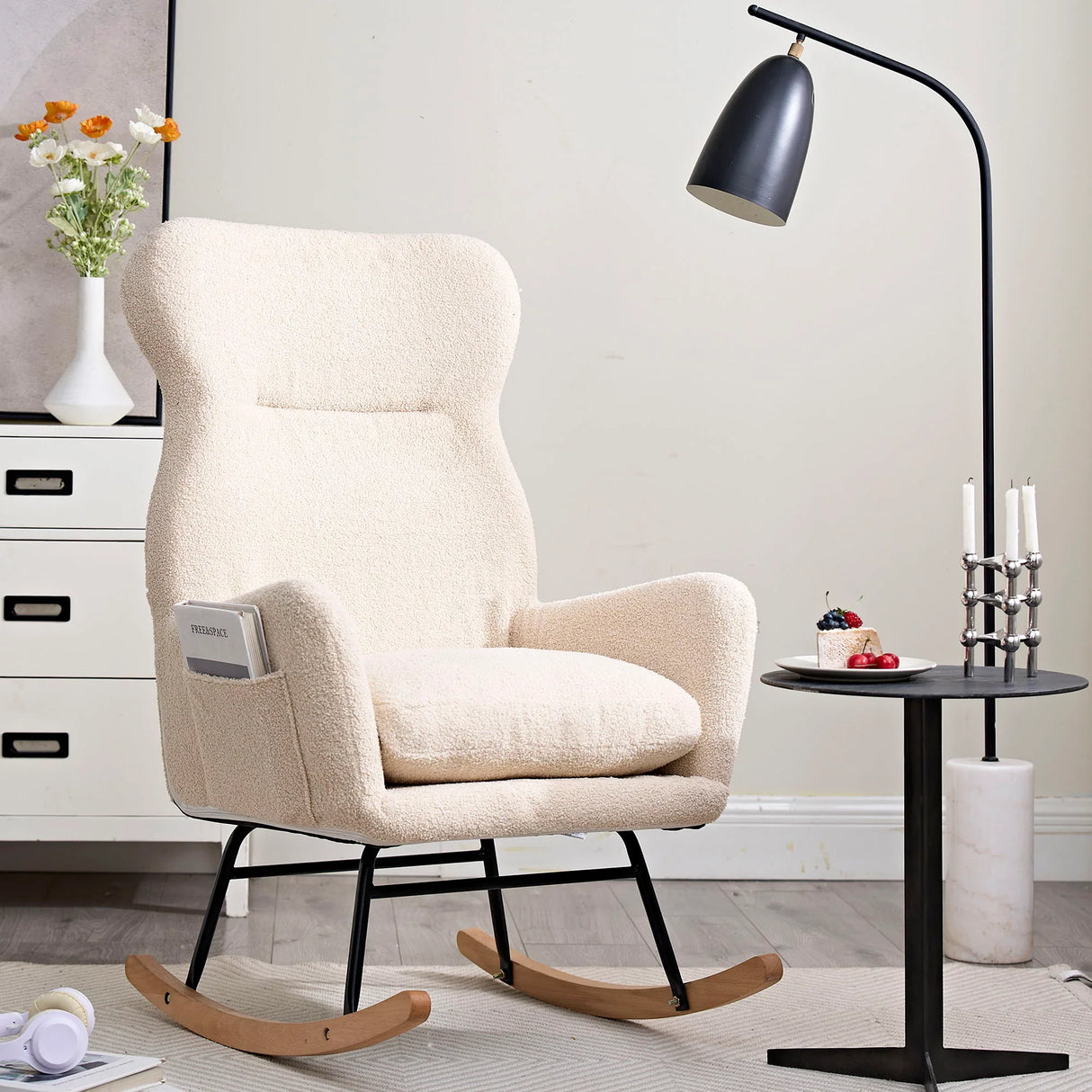 Modern Teddy Fabric Rocking Chair With High Backrest And Armrests Lounge Accent Chair For Living Room - Beige - Furniture Home Direct