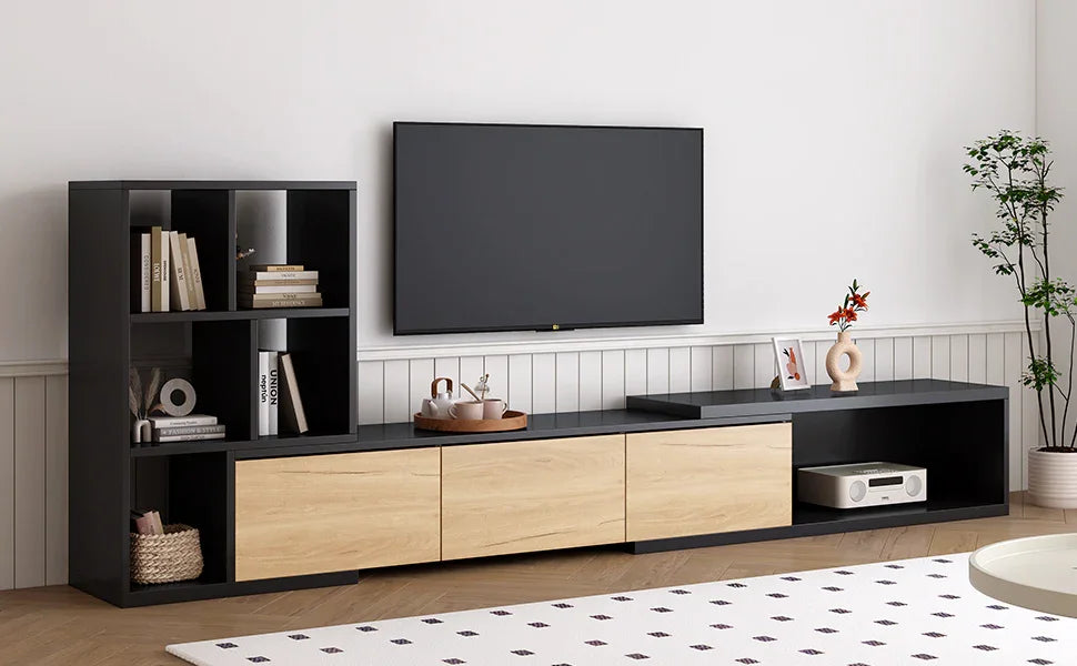 TV Stand With Open Shelves And Three Wood Drawers Black - Furniture Home Direct