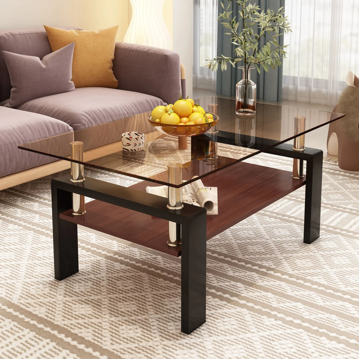 Modern Rectangular Coffee Table With Tempered Glass Top - Furniture Home Direct
