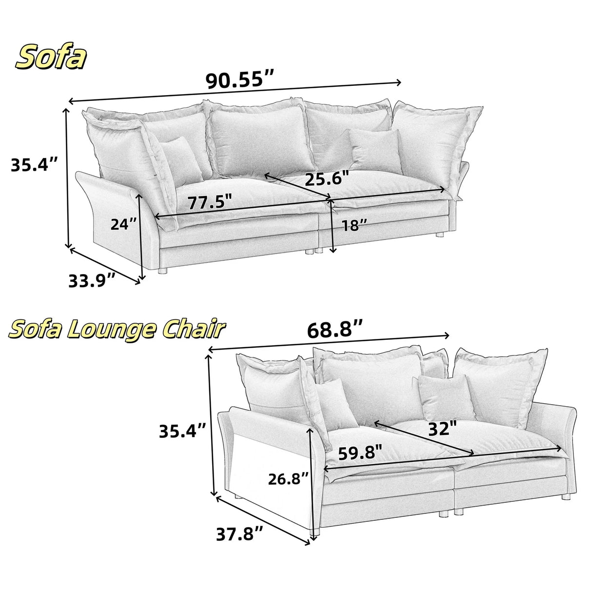 Modern Comfy Upholstered Sofa Cloud Couch, Deep Seat Couches With Multiple Large Soft Pillows - Furniture Home Direct