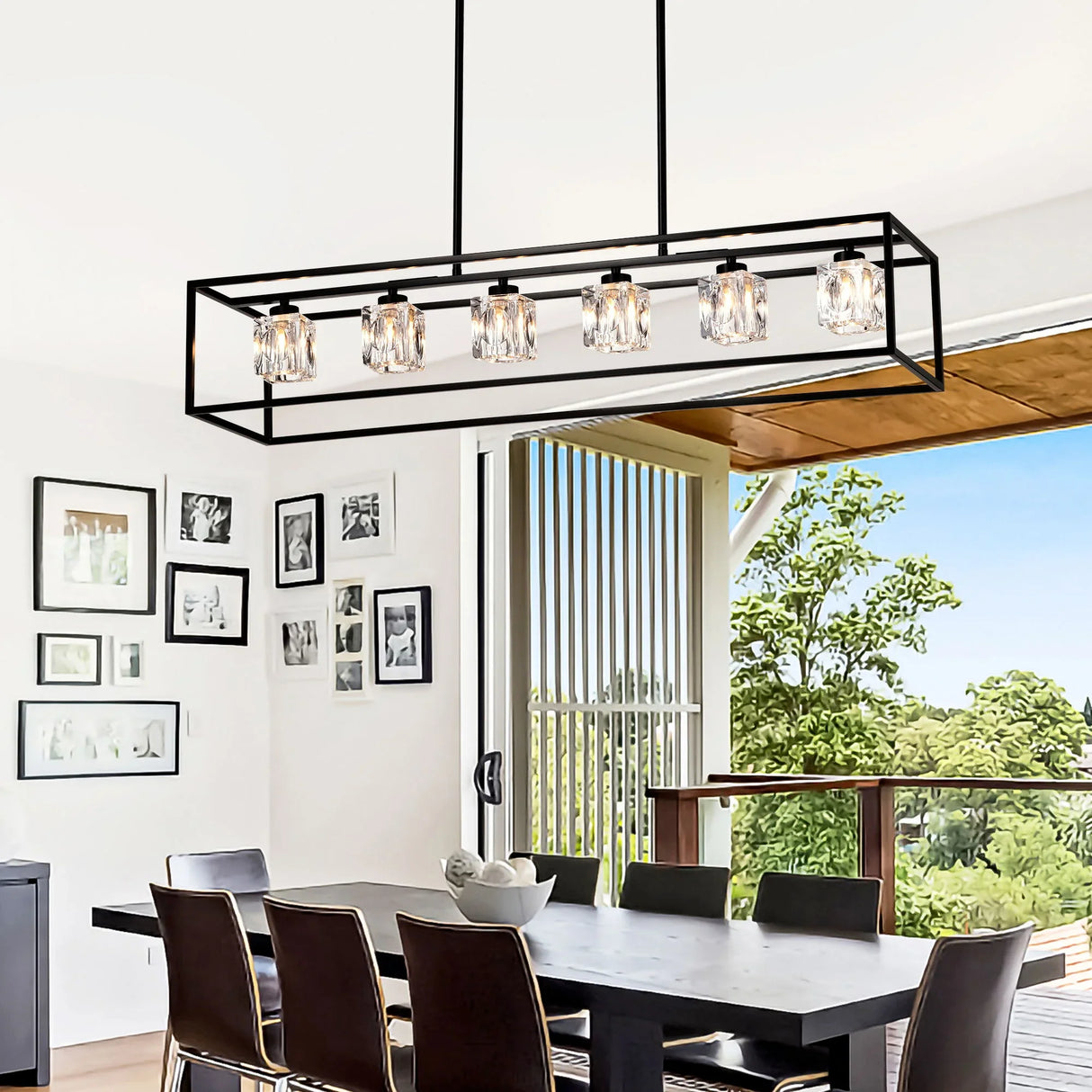 6 Light Farmhouse Chandelier, Modern Industrial Linear Rectangular Crystal Pendant Light Cage Chandelier For Dining Room, Kitchen Island, Bar, Long Table, G9*6 Bulbs Included - Matte Black - Furniture Home Direct