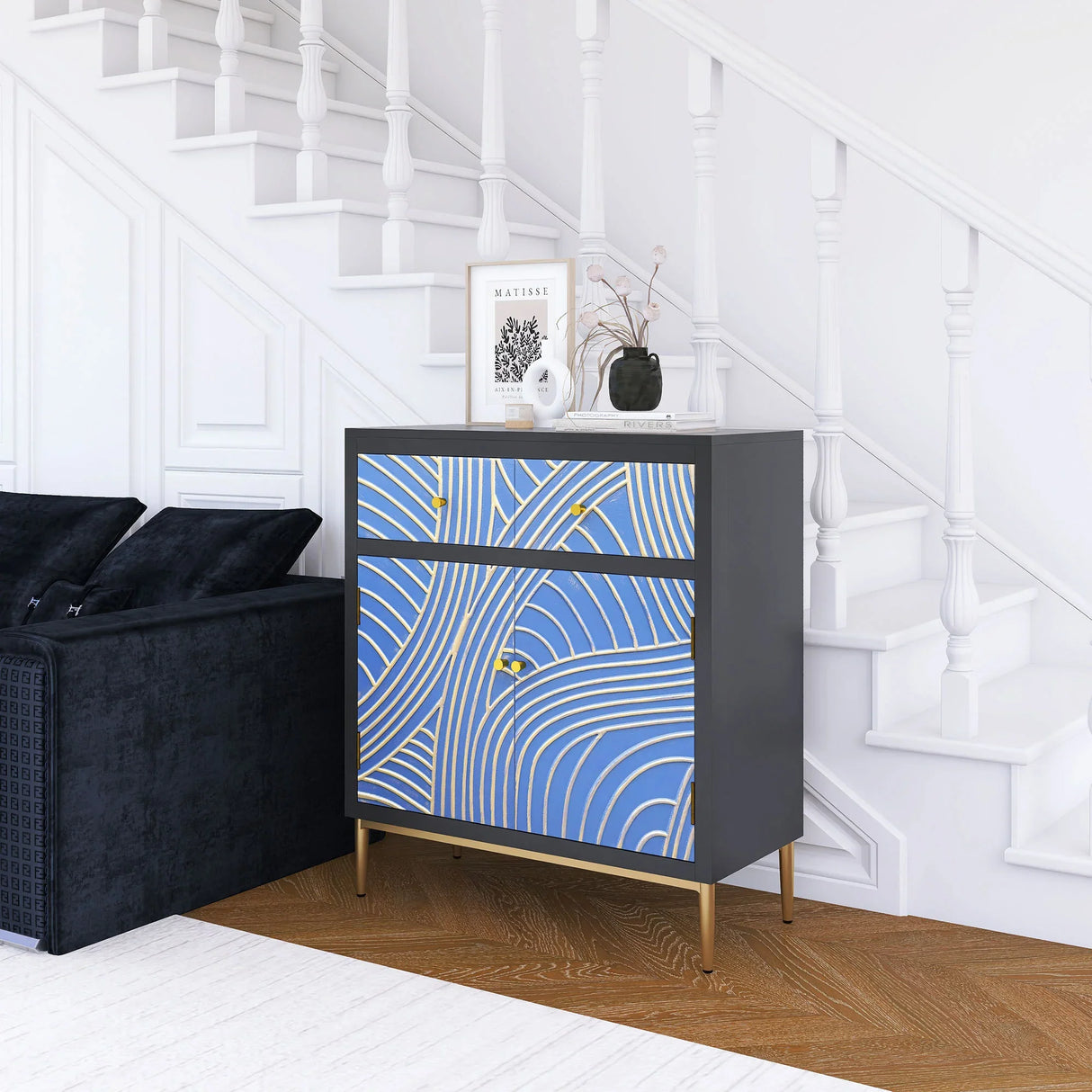 Accent Cabinet With Blue Panels Lacquered Black and Blue - Furniture Home Direct