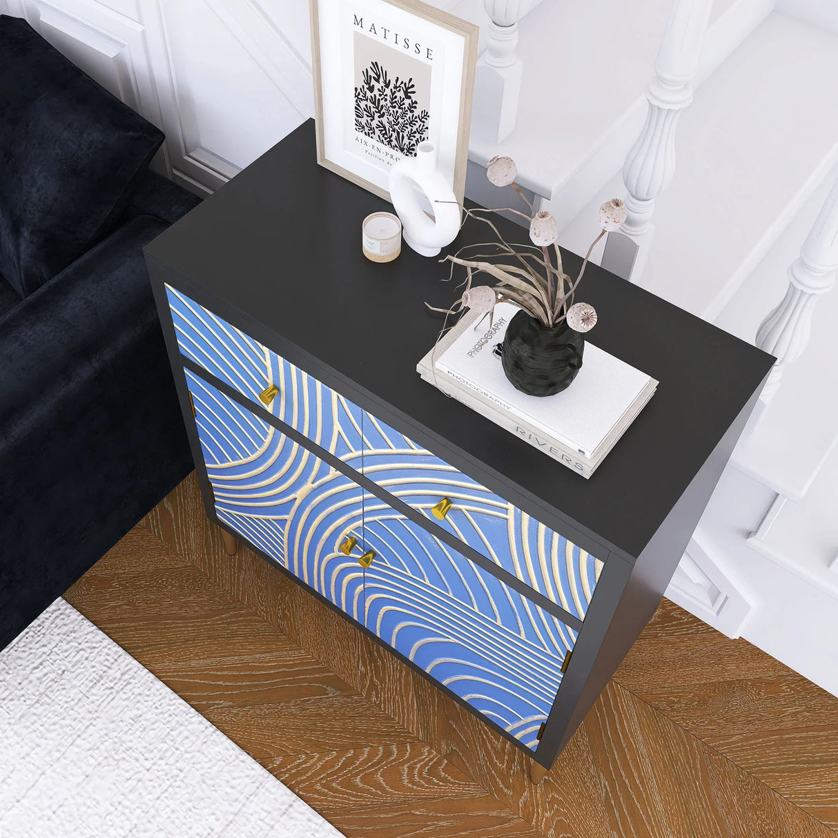 Accent Cabinet With Blue Panels Lacquered Black and Blue - Furniture Home Direct