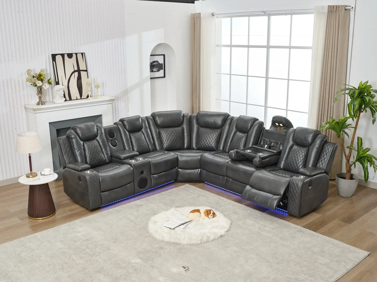 Sectional Sofa Power Reclining Leather With LED Grey - Furniture Home Direct