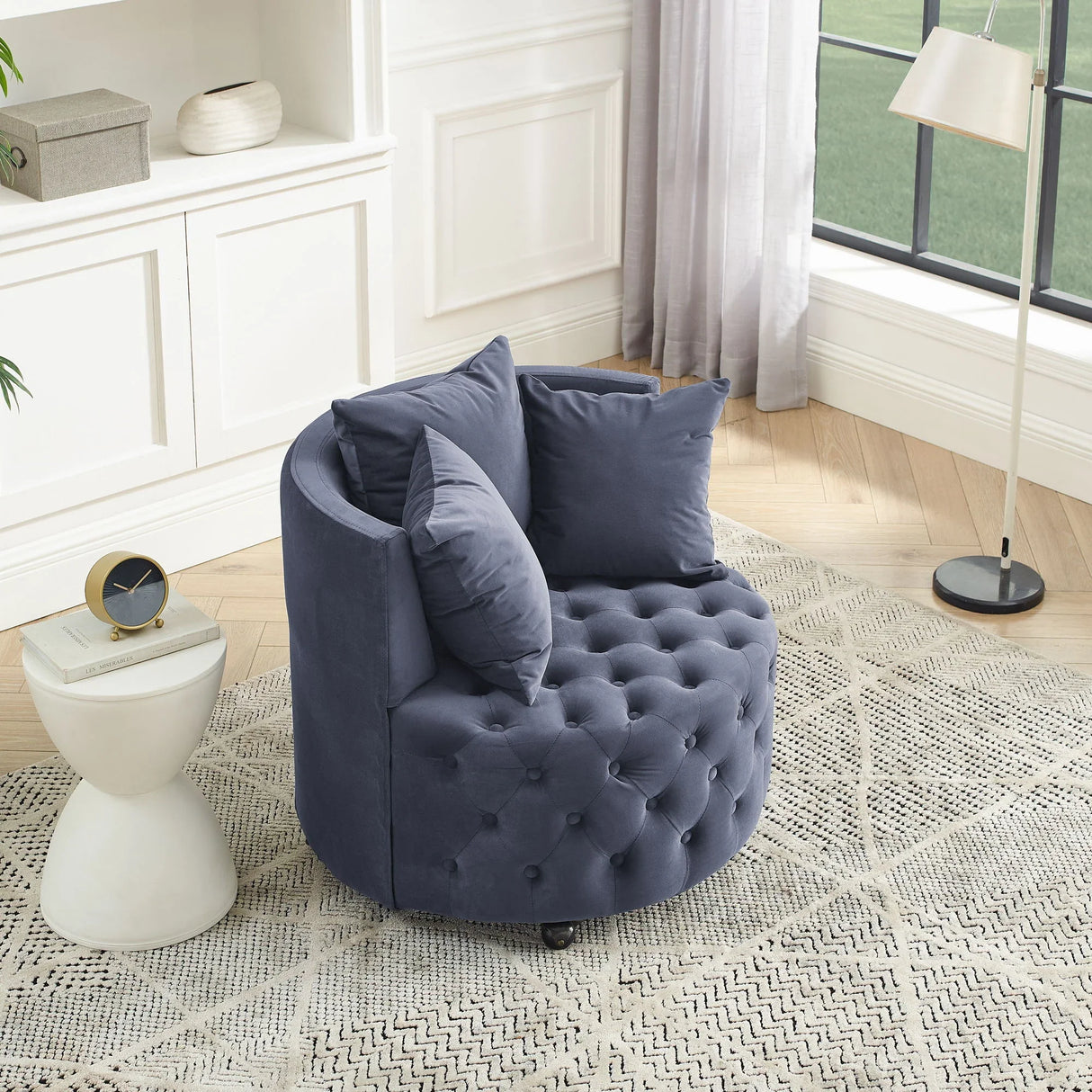 Modern Upholstered Swivel Chair With Button Tufted Design And Movable Wheels - Furniture Home Direct