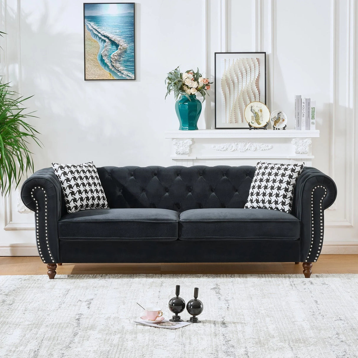 Chesterfield Velvet Upholstery Fabric Sofa With Roll Armrest & Nailhead - Furniture Home Direct
