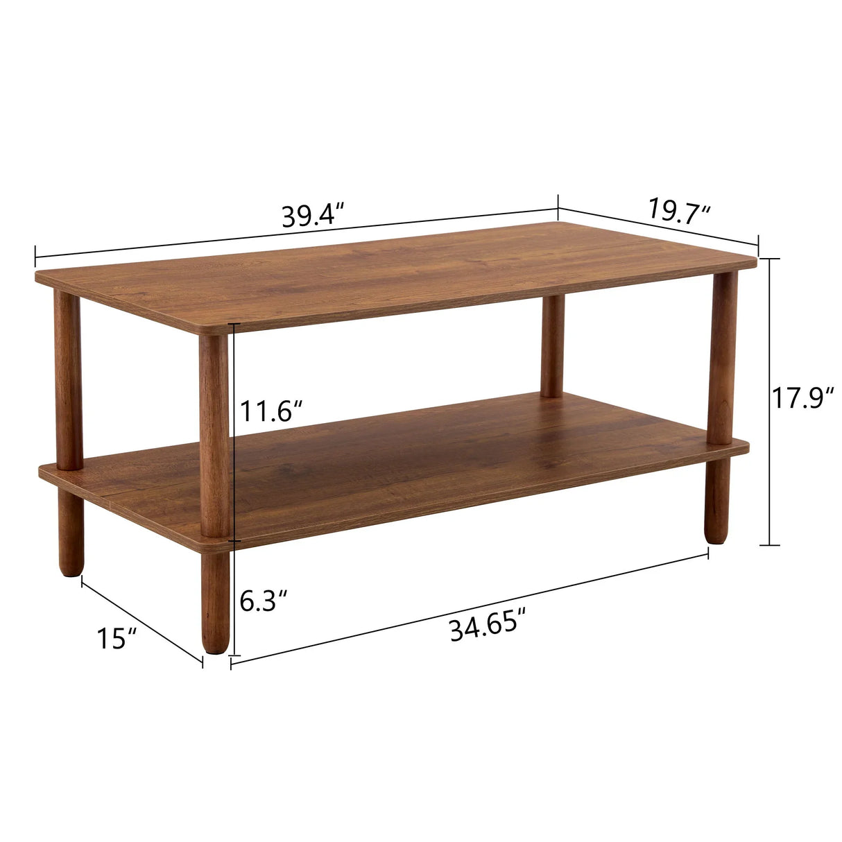 Modern 2 Tier, Rectangular Center Coffee Table With Open Storage Shelf, Rounded Legs - Furniture Home Direct