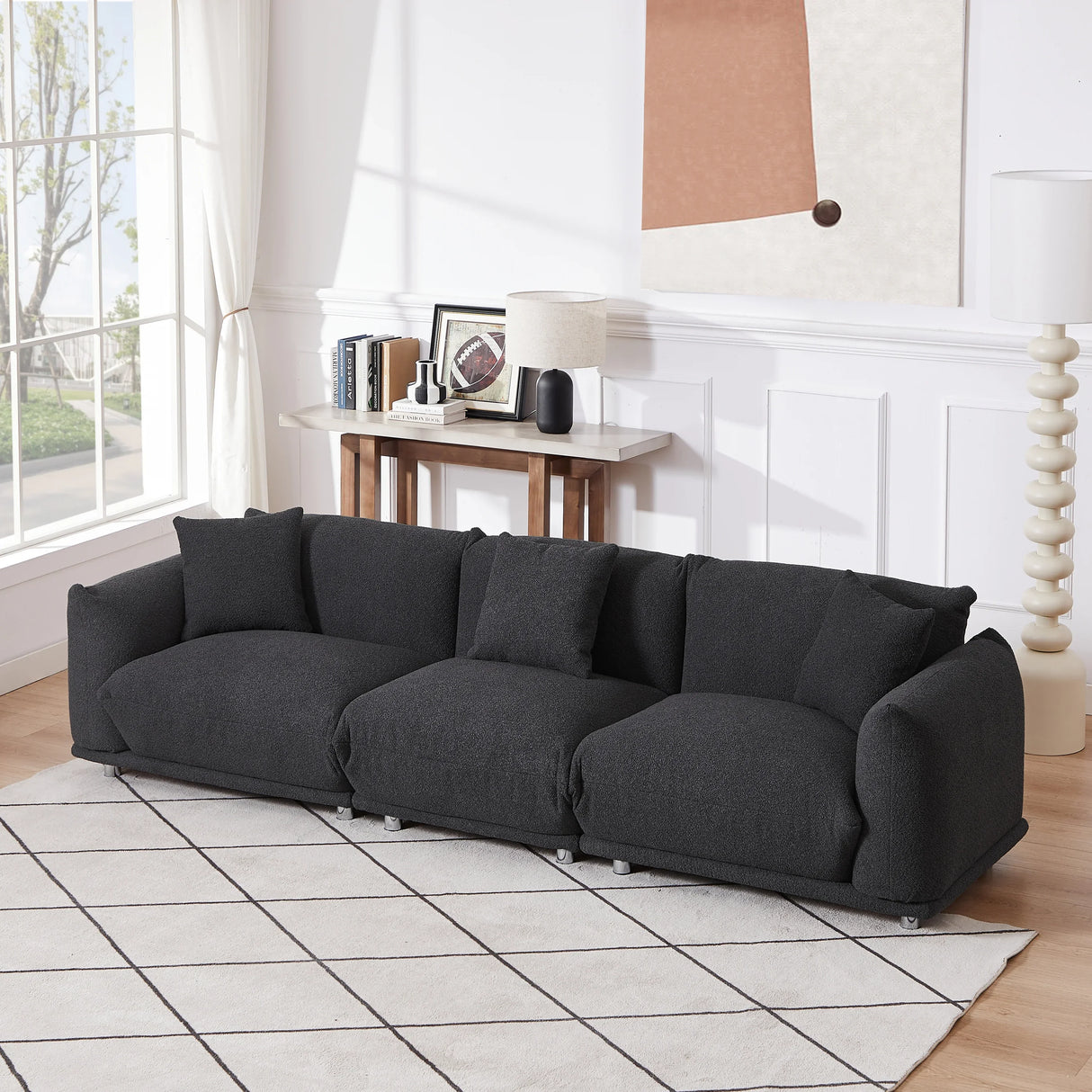 Sherpa Sofa With Metal Legs and 3 Pillows - Furniture Home Direct