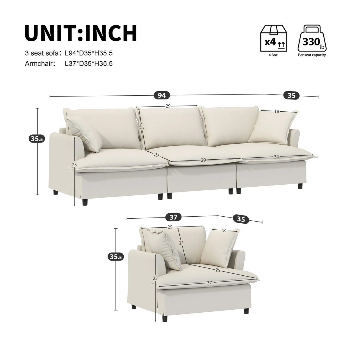 Living Room Set Modular Sectional Couch, Upholstered Sofa & Armchair & Movable Ottoman - Furniture Home Direct