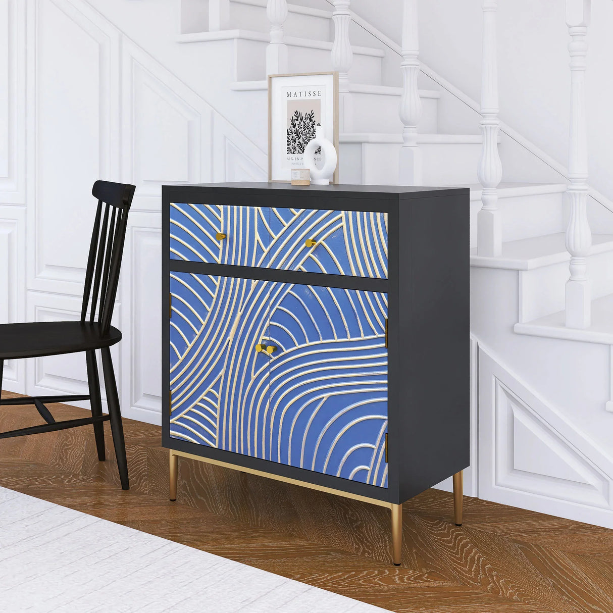 Accent Cabinet With Blue Panels Lacquered Black and Blue - Furniture Home Direct