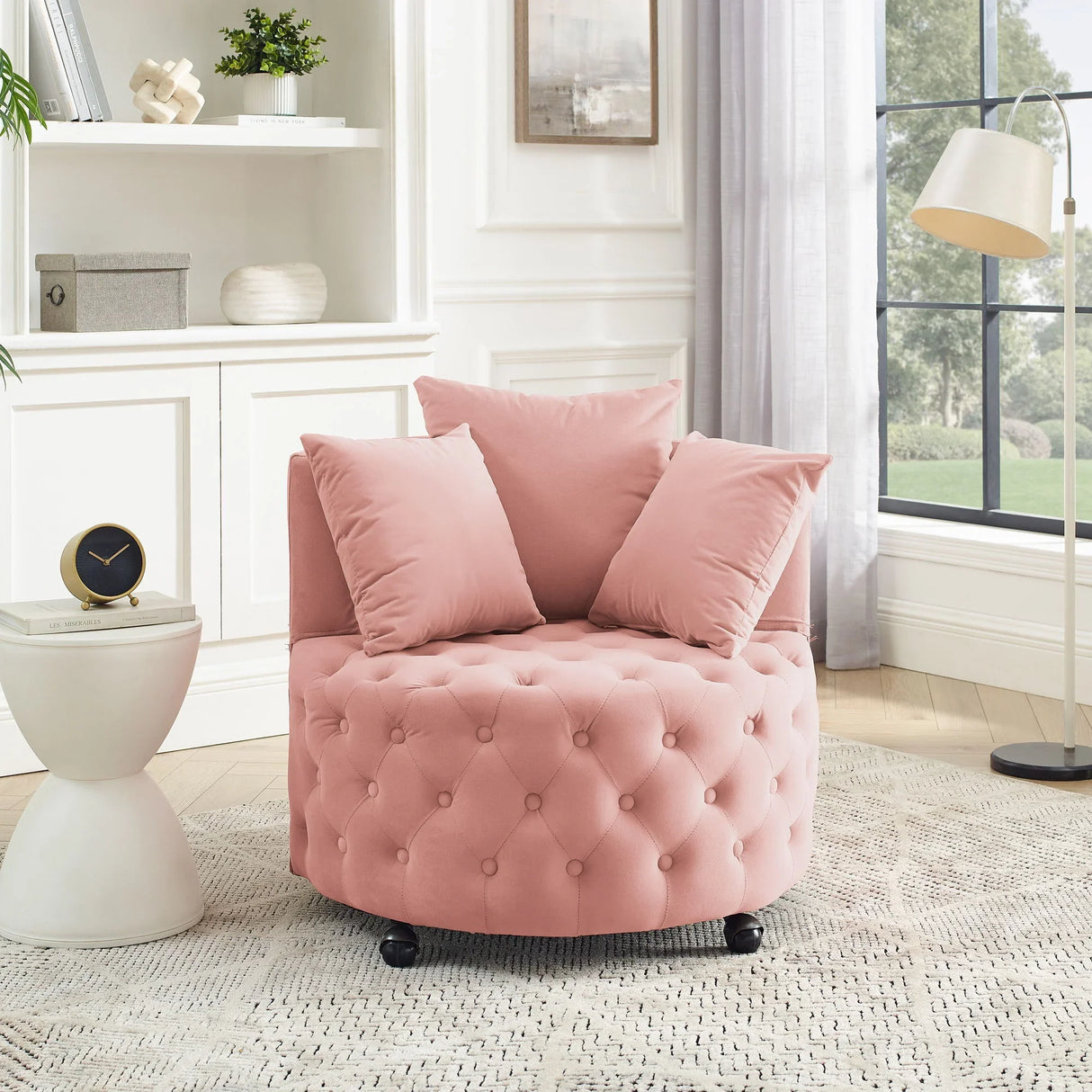 Modern Upholstered Swivel Chair With Button Tufted Design And Movable Wheels - Furniture Home Direct