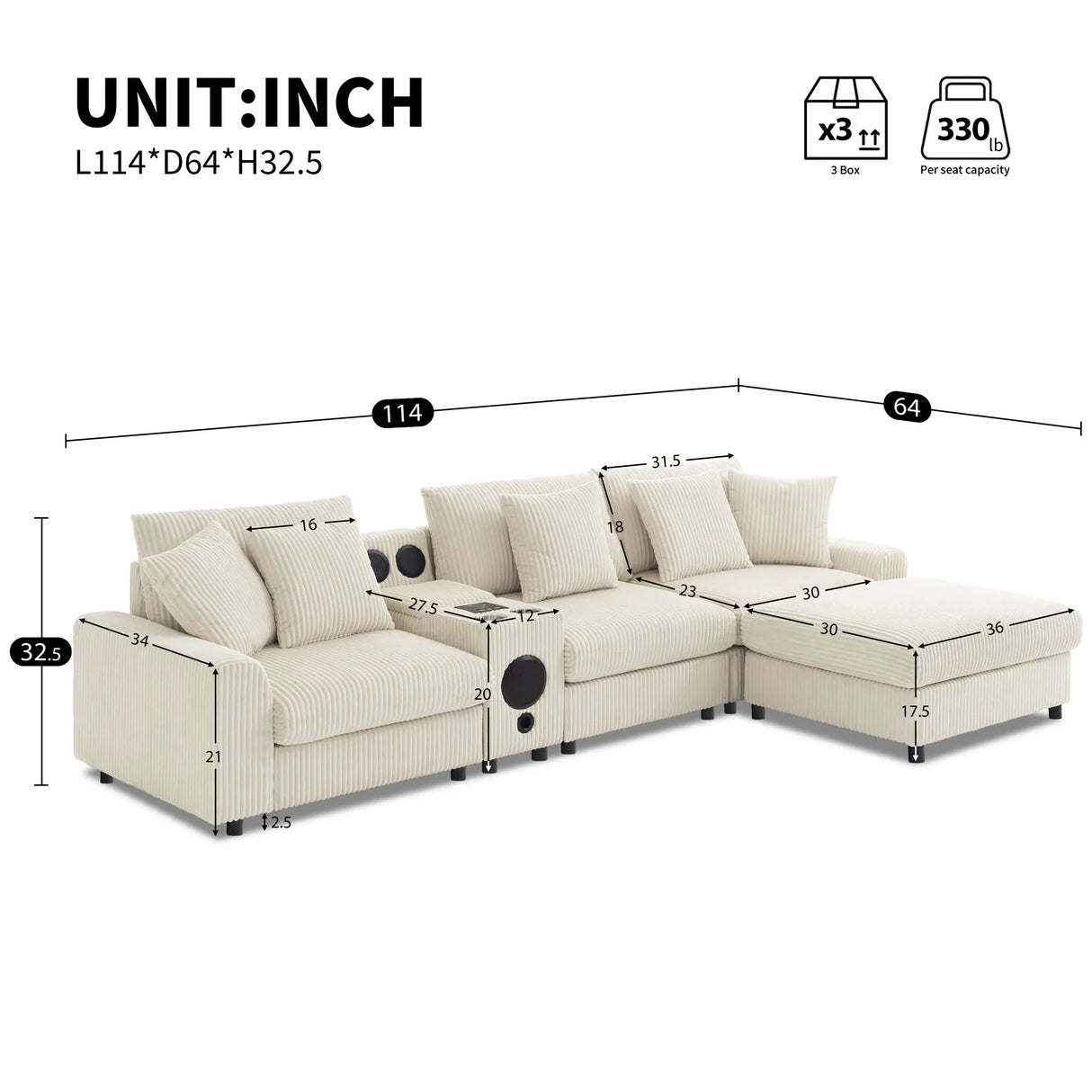 Sectional With Bluetooth Speakers L Shaped Couch With Console USB Charger, Cup Holders Storage Ottoman Deep And Wide Seat Cloud Sofa - Furniture Home Direct