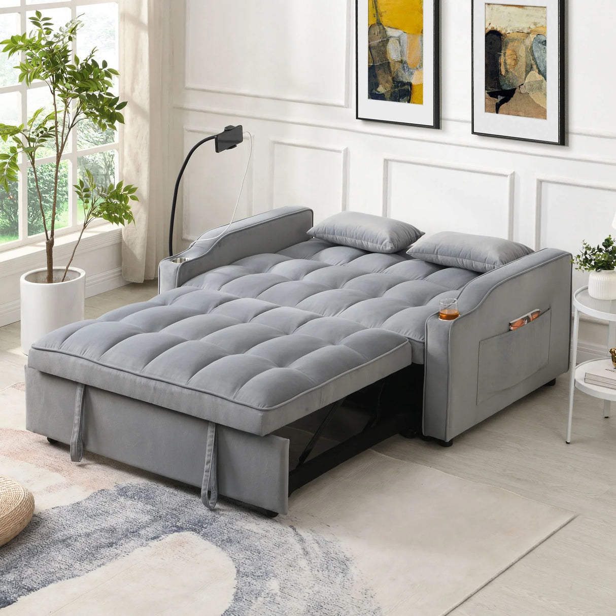 Modern Velvet Loveseat With Pullout Bed, Adjustable Reclining Backrest - Furniture Home Direct