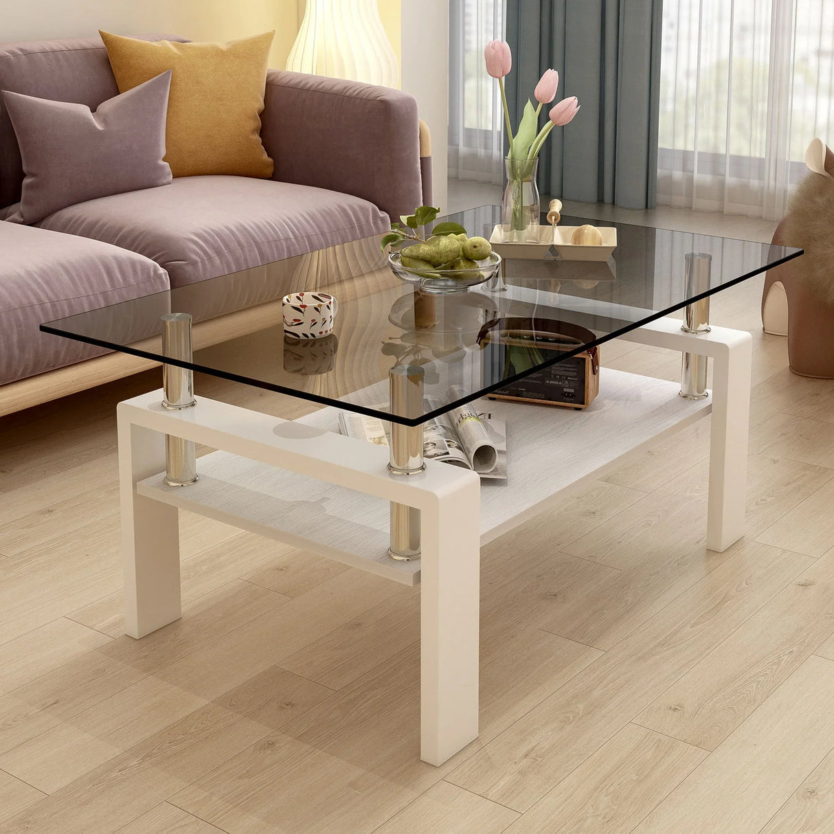 Modern Rectangular Coffee Table With Tempered Transparent Glass Top And Storage Shelf - Furniture Home Direct