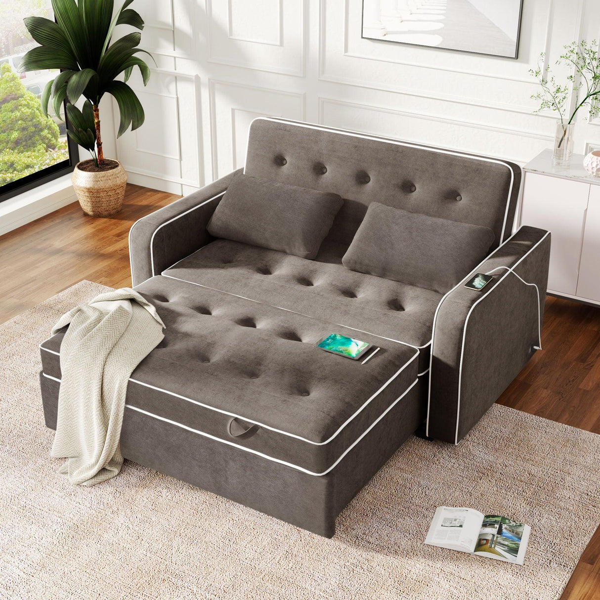 Upholstered Sleeper Bed Sofa With Dual USB Charging, Adjustable Backrest - Furniture Home Direct