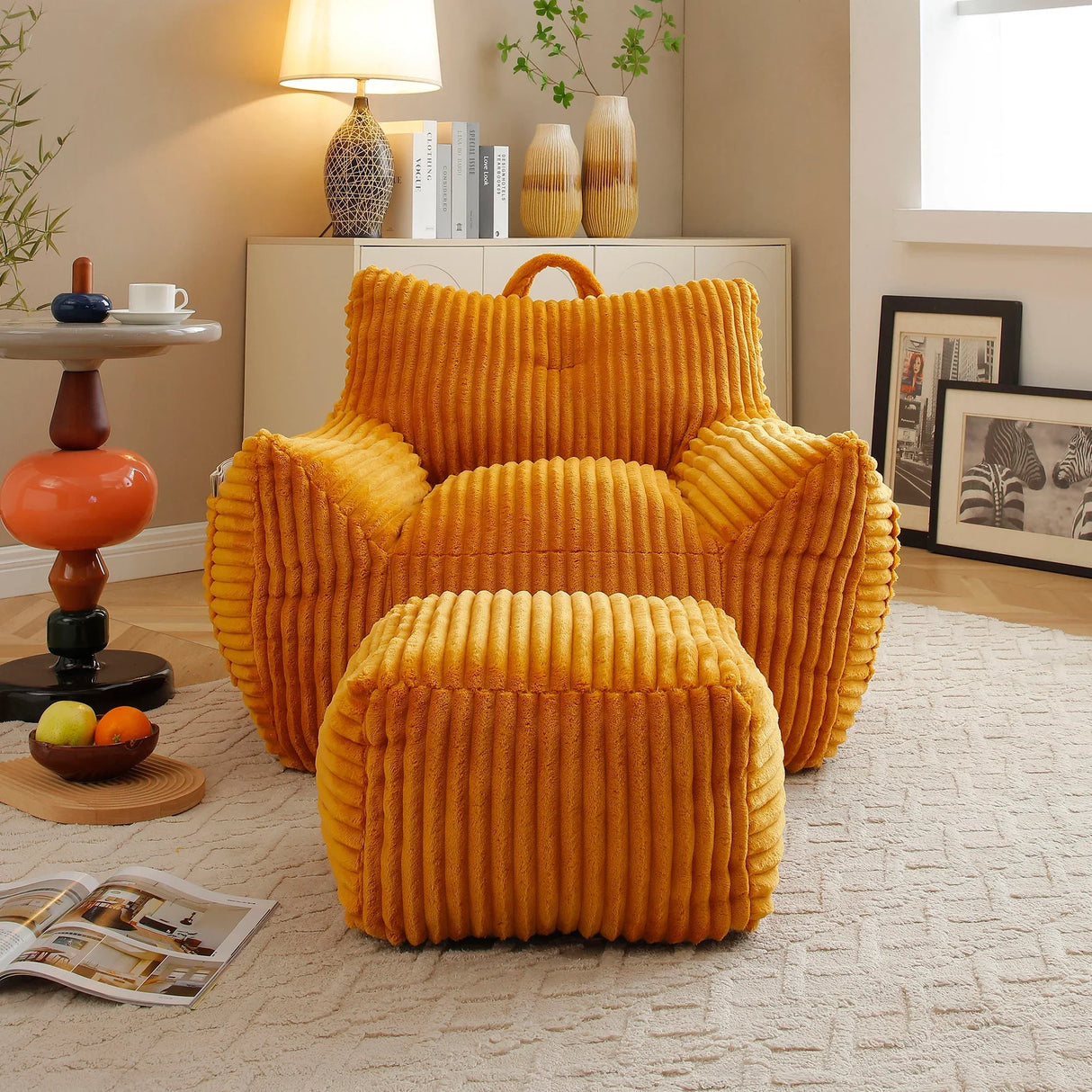 Giant Plush Bean Bag Chair With Armrests And Footstool - Furniture Home Direct