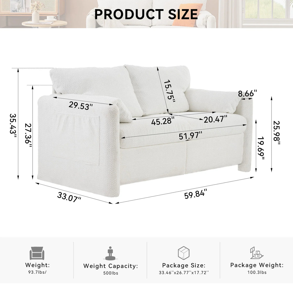 Modern Loveseat Sofa 2 Seater Plush Chenille Fabric Couch With High Density Foam Cushions - Ivory White - Furniture Home Direct