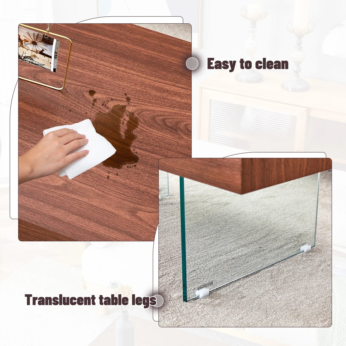 Coffee Table Faux Wood Top Glass Legs Modern Walnut - Furniture Home Direct