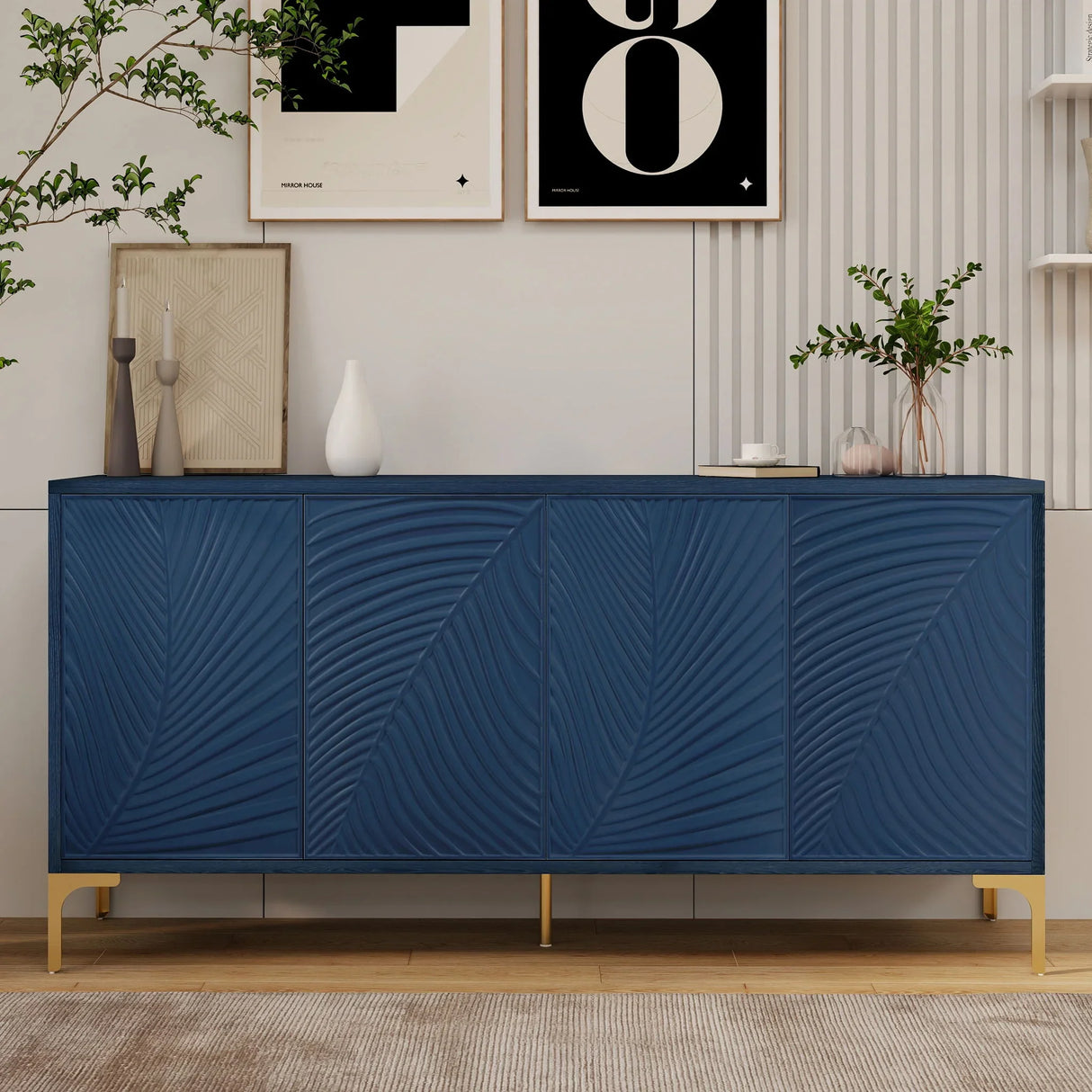 Modern 4 Door Sideboard With Creative Carved Surface And Adjustable Shelves - Furniture Home Direct