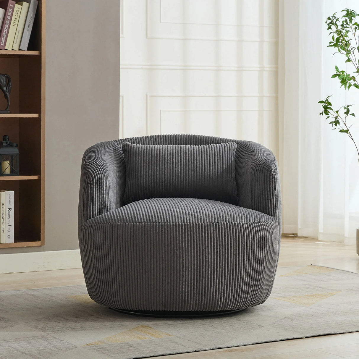 Wide Upholstered Corduroy 360° Swivel Barrel Soft Chair With Pillow - Furniture Home Direct