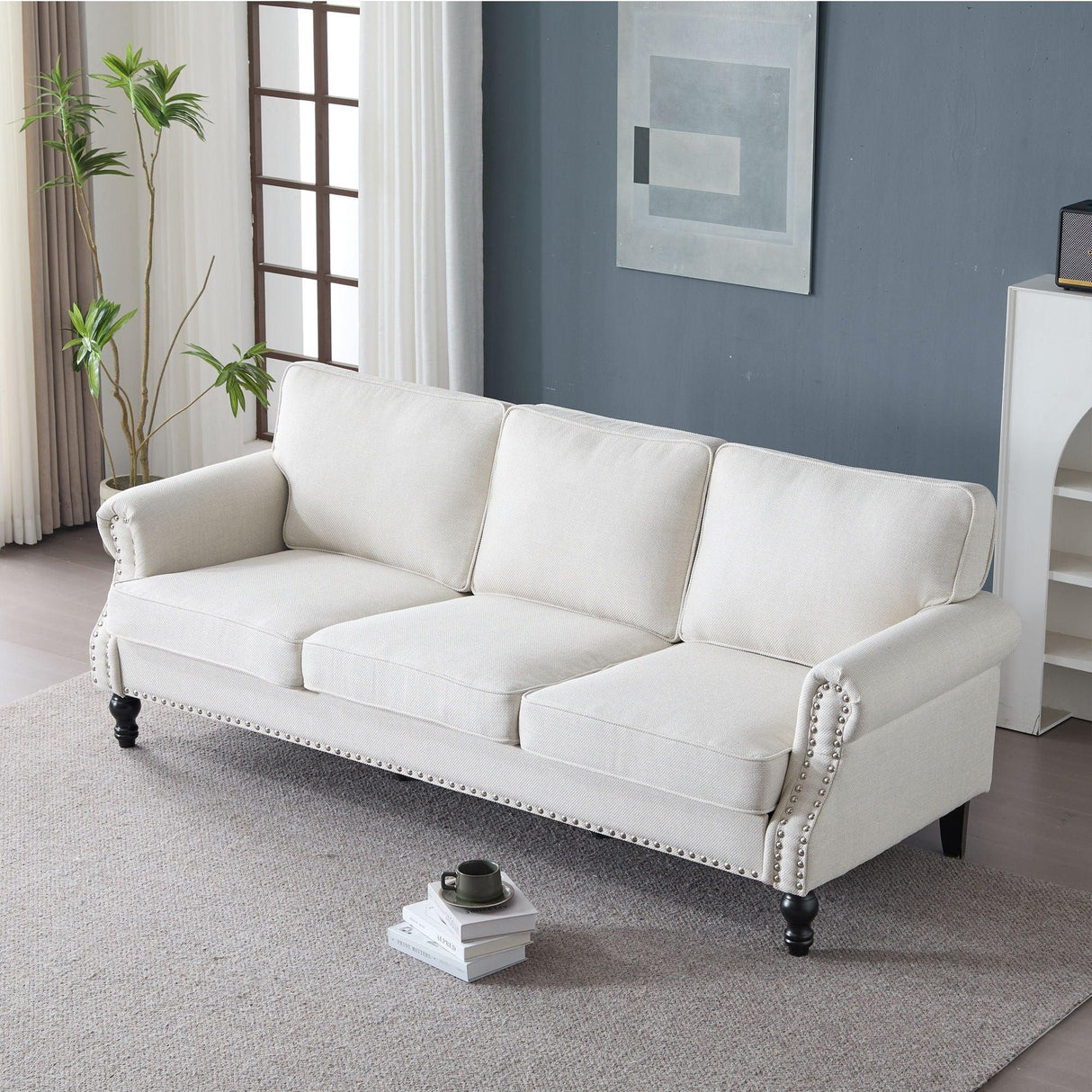 Rolled Arm Sofa With Nailhead Trim With Wooden Legs - Furniture Home Direct
