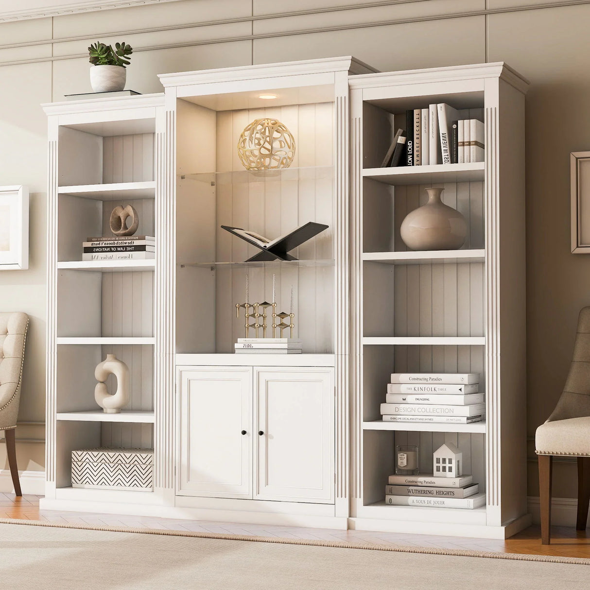 Retro Style 3 Piece Bookcase Display Cabinet With Adjustable LED Lighting, Tempered Glass Shelves - White - Furniture Home Direct