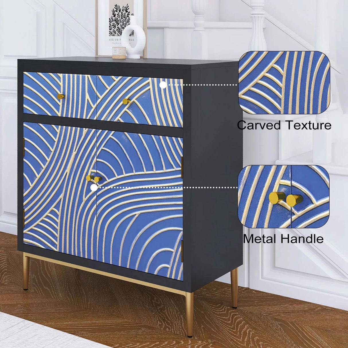 Accent Cabinet With Blue Panels Lacquered Black and Blue - Furniture Home Direct