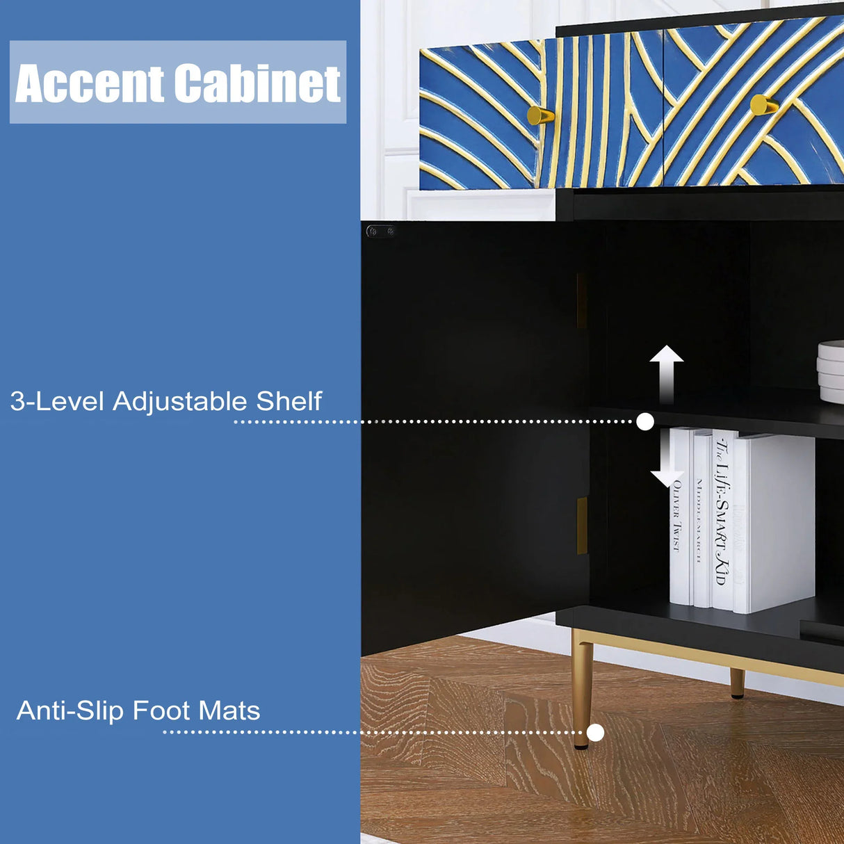 Accent Cabinet With Blue Panels Lacquered Black and Blue - Furniture Home Direct