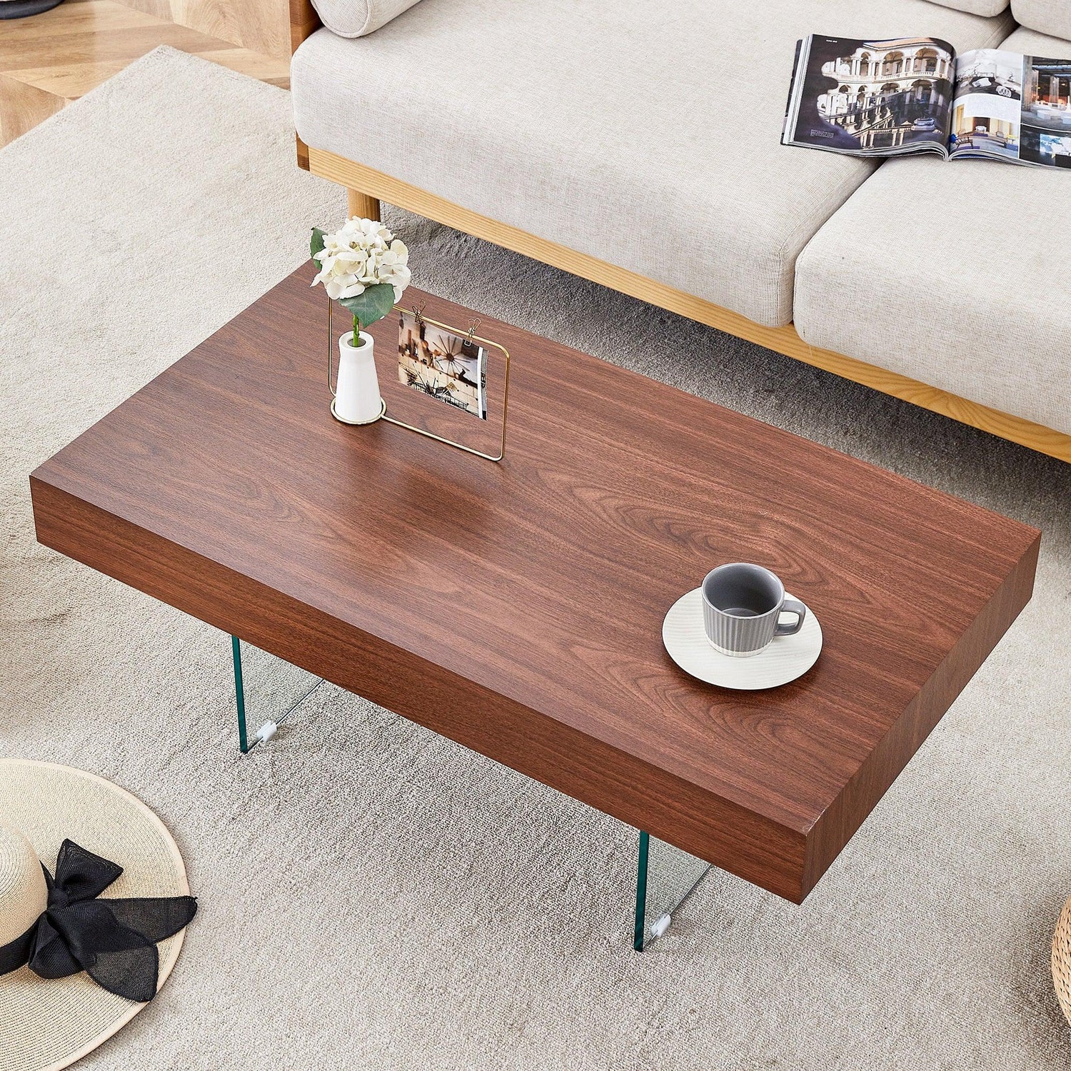 Coffee Table Faux Wood Top Glass Legs Modern Walnut - Furniture Home Direct