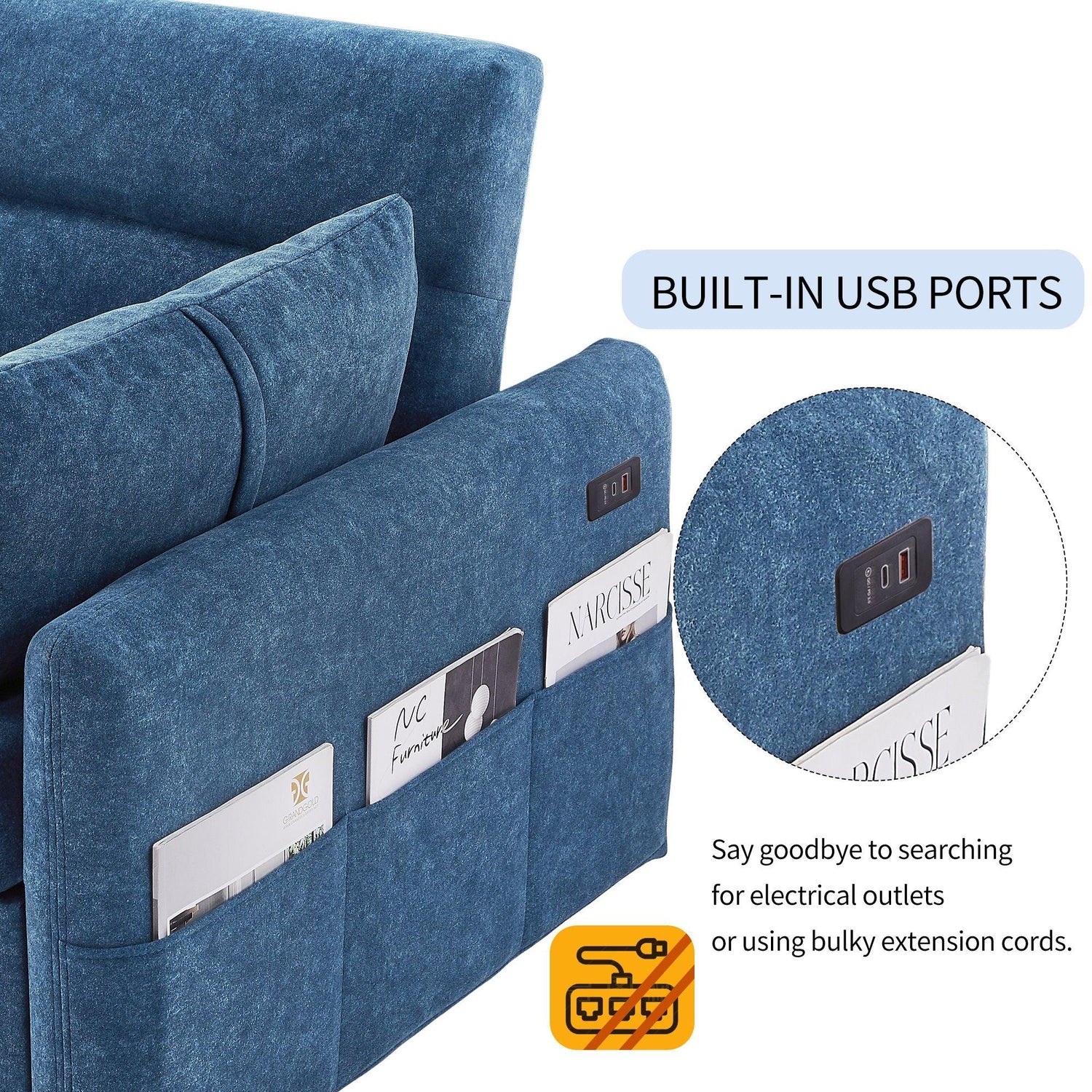 Pull Out Sleep Sofa Bed Loveseats Sofa Couch With Adjsutable Backrest, Storage Pockets, 2 Soft Pillows, USB Ports For Living Room, Bedroom, Apartment, Office - Furniture Home Direct