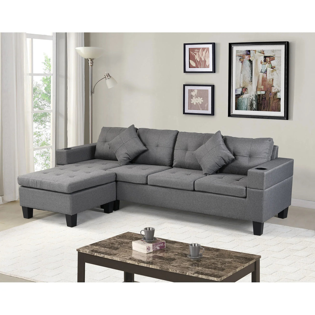Sectional Sofa Set For Living Room With L Shape Chaise Lounge, Cup Holder And Left Or Right Hand Chaise Modern 4 Seat - Furniture Home Direct