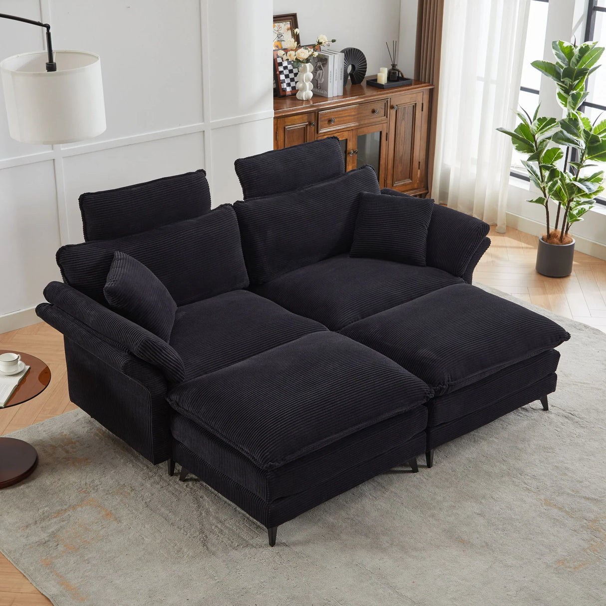 Modern Corduroy Deep Seat Sectional Sofa With Ottoman - Furniture Home Direct