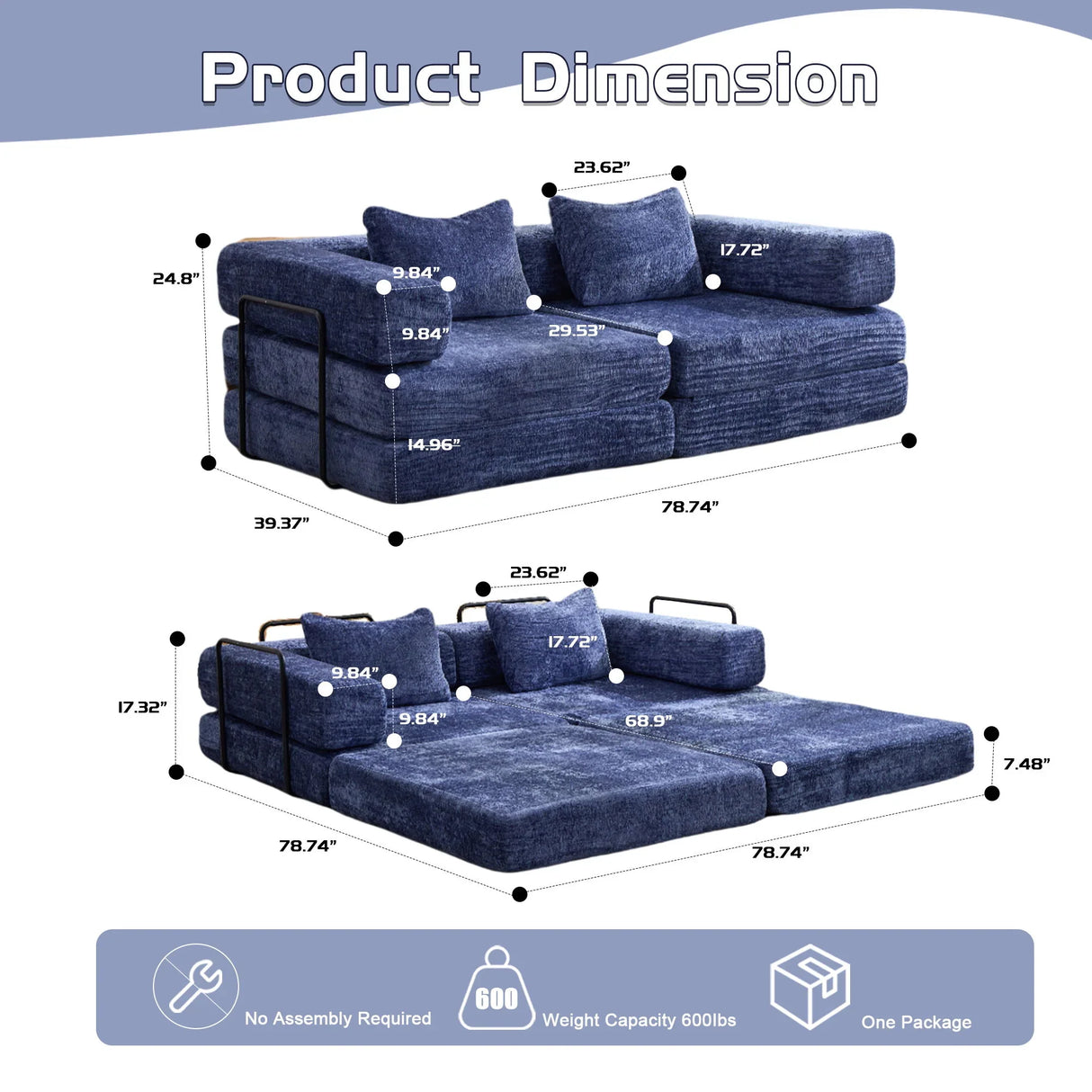 Convertible Floor Sofa Bed With Pillow Back Support Armrest