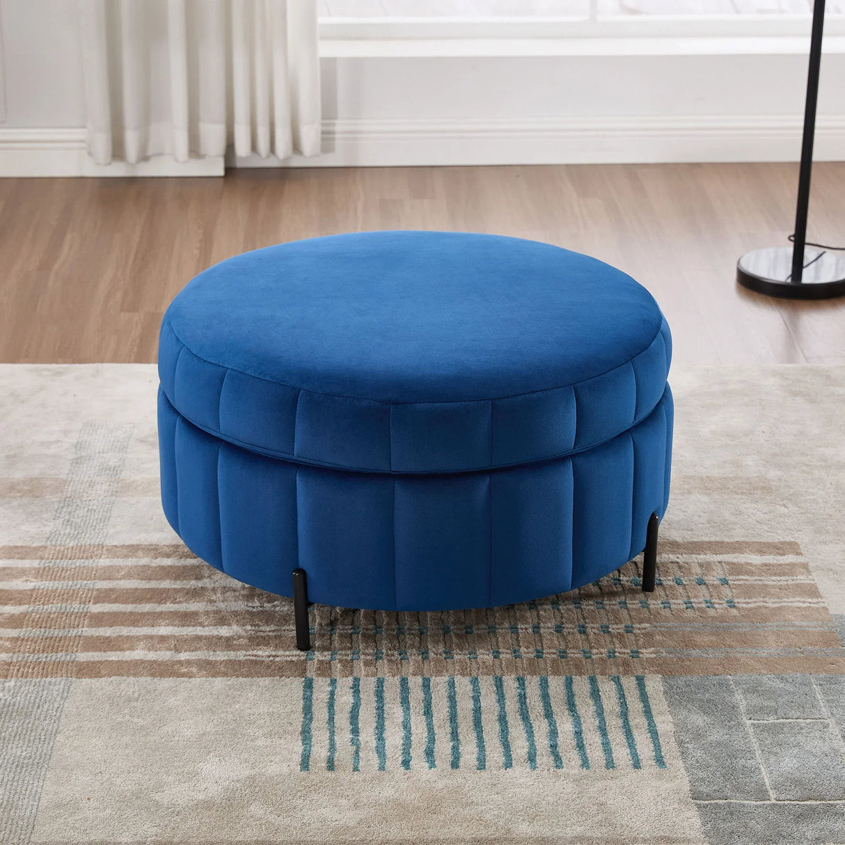 Upholstered Round Ottoman With Reversible Lid, Channel Tufted Pumpkin Shape - Furniture Home Direct