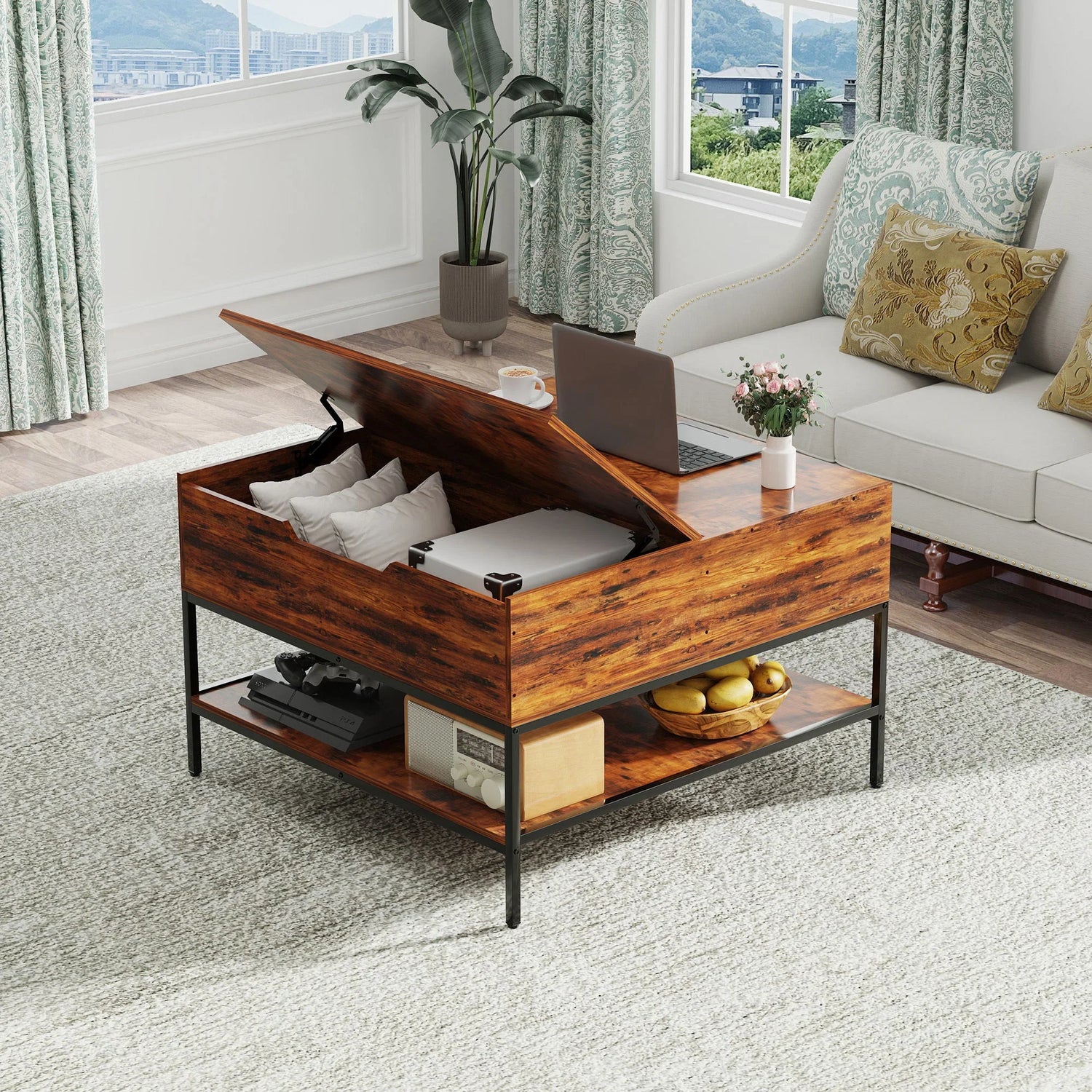 Rustic Flip Top Coffee Table With Hidden Storage - Black / Brown - Furniture Home Direct