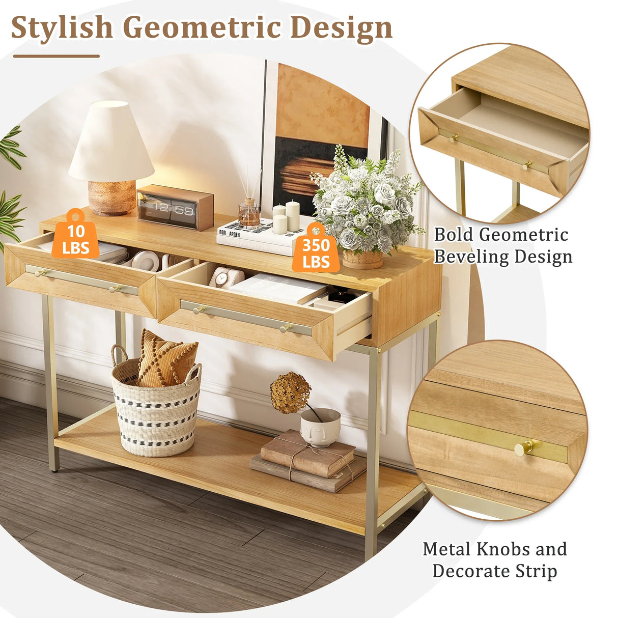 Console Table With Two Drawers Geometric Design Natural - Furniture Home Direct