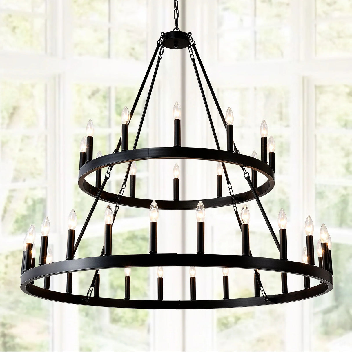 2 Tiers Wagon Wheel Chandelier Wooden Farmhouse 36 Light (24 / 12) Or (12 / 24) Metal Chandeliers 2 Story Light Fixtures Industrial For High Ceiling Living Dining Room Foyer, Adjustable Height - Black - Furniture Home Direct