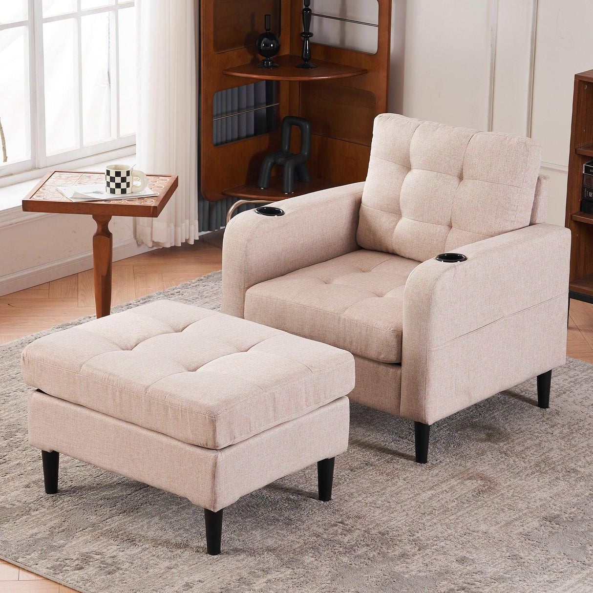 Upholstered Armchair And Storage Ottoman Set, Comfortable Single Sofa With Cup Holders And Tufted Detailing, Ideal For Living Room Or Bedroom - Furniture Home Direct