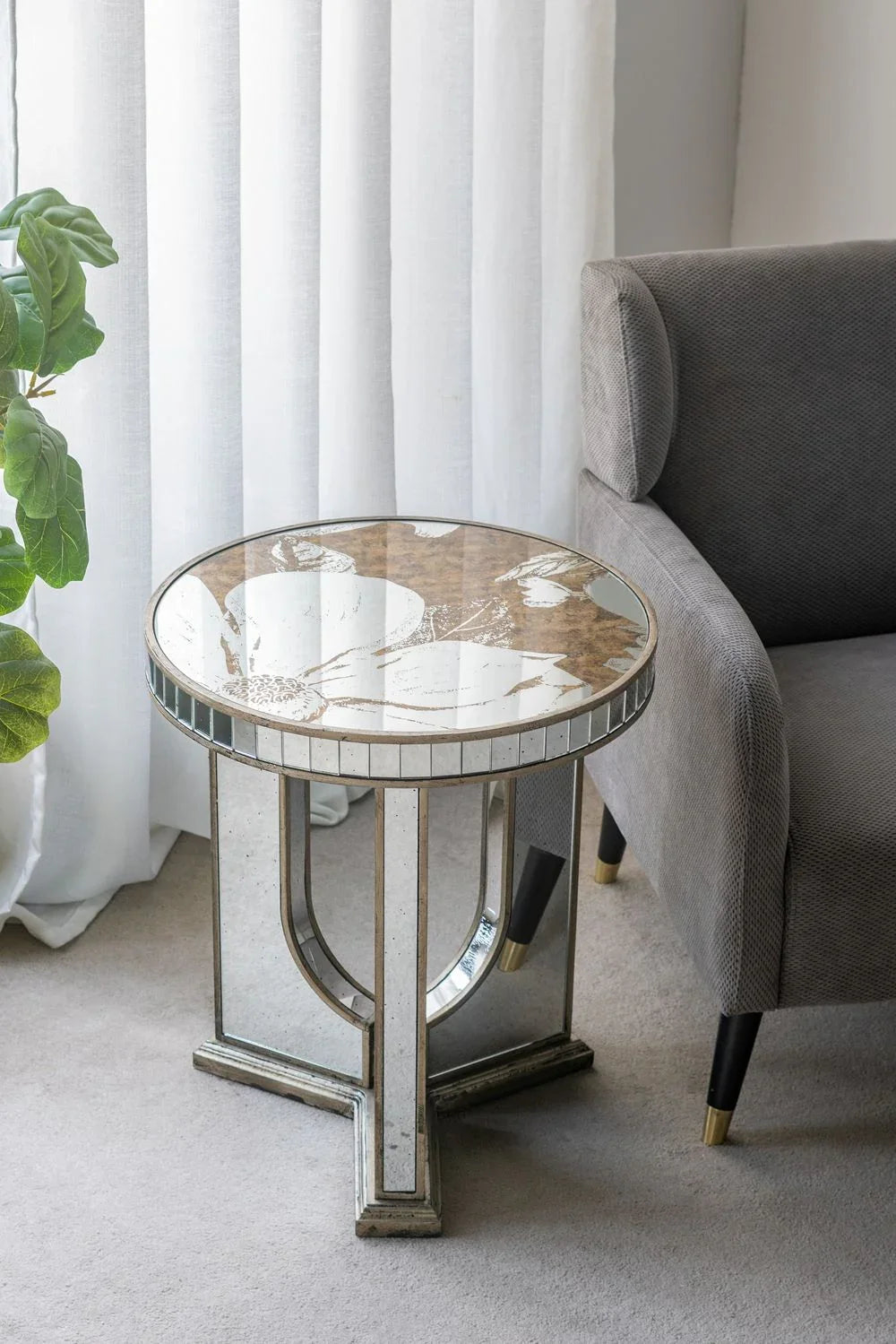 Round Table With Elegant Foral Design And Mirrored - Furniture Home Direct