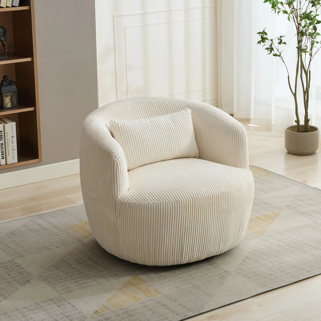 Wide Upholstered Corduroy 360° Swivel Barrel Soft Chair With Pillow - Furniture Home Direct