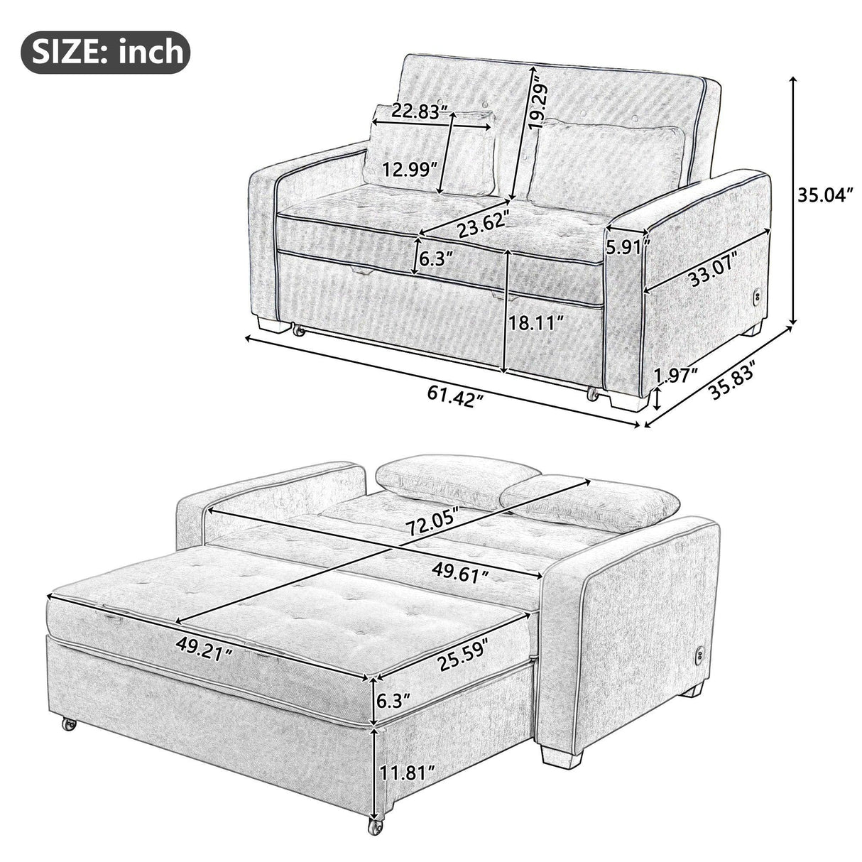 Upholstered Sleeper Bed Sofa With Dual USB Charging, Adjustable Backrest - Furniture Home Direct