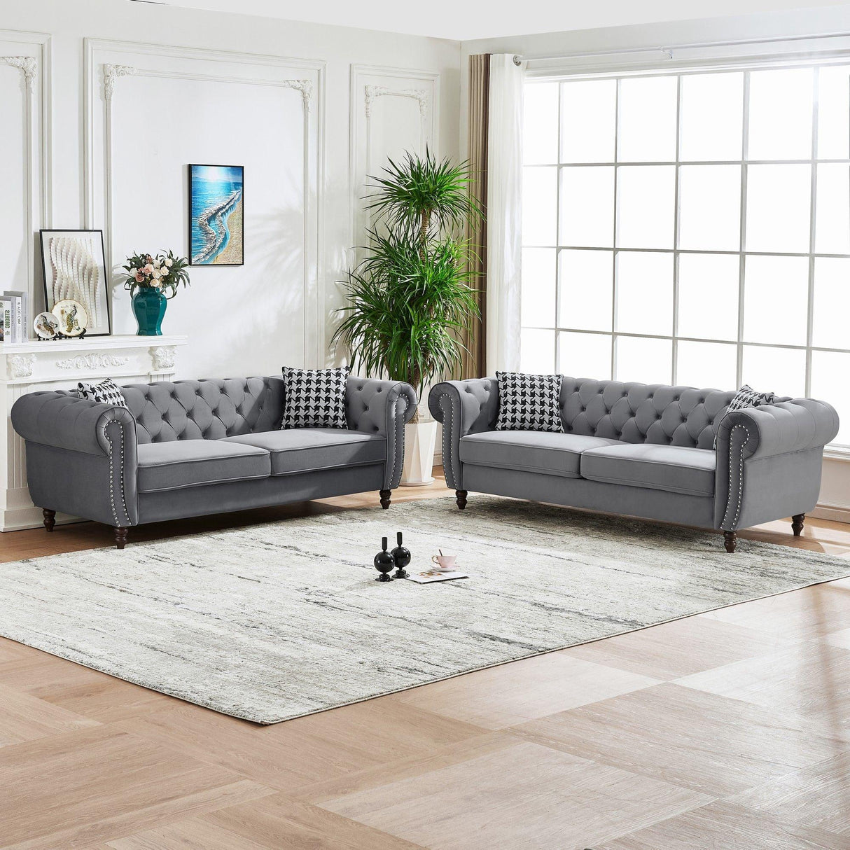 Chesterfield Velvet Upholstery Fabric Sofa With Roll Armrest & Nailhead, Mid Century Modern 3 And 3 Seater Couch - Furniture Home Direct