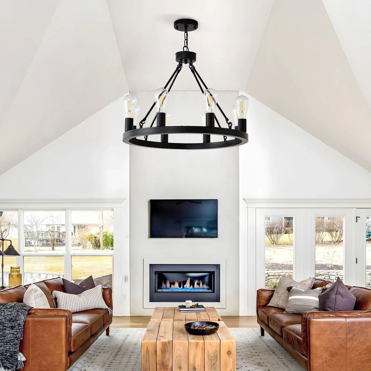 6 Light (No Bulbs) Wagon Wheel Chandelier Farmhouse Modern Small Round Chandelier For Living Room Kitchen Island Foyer Hallway Entryway Bedroom Dining Room Light Fixture Ceiling Hanging - Matte Black - Furniture Home Direct