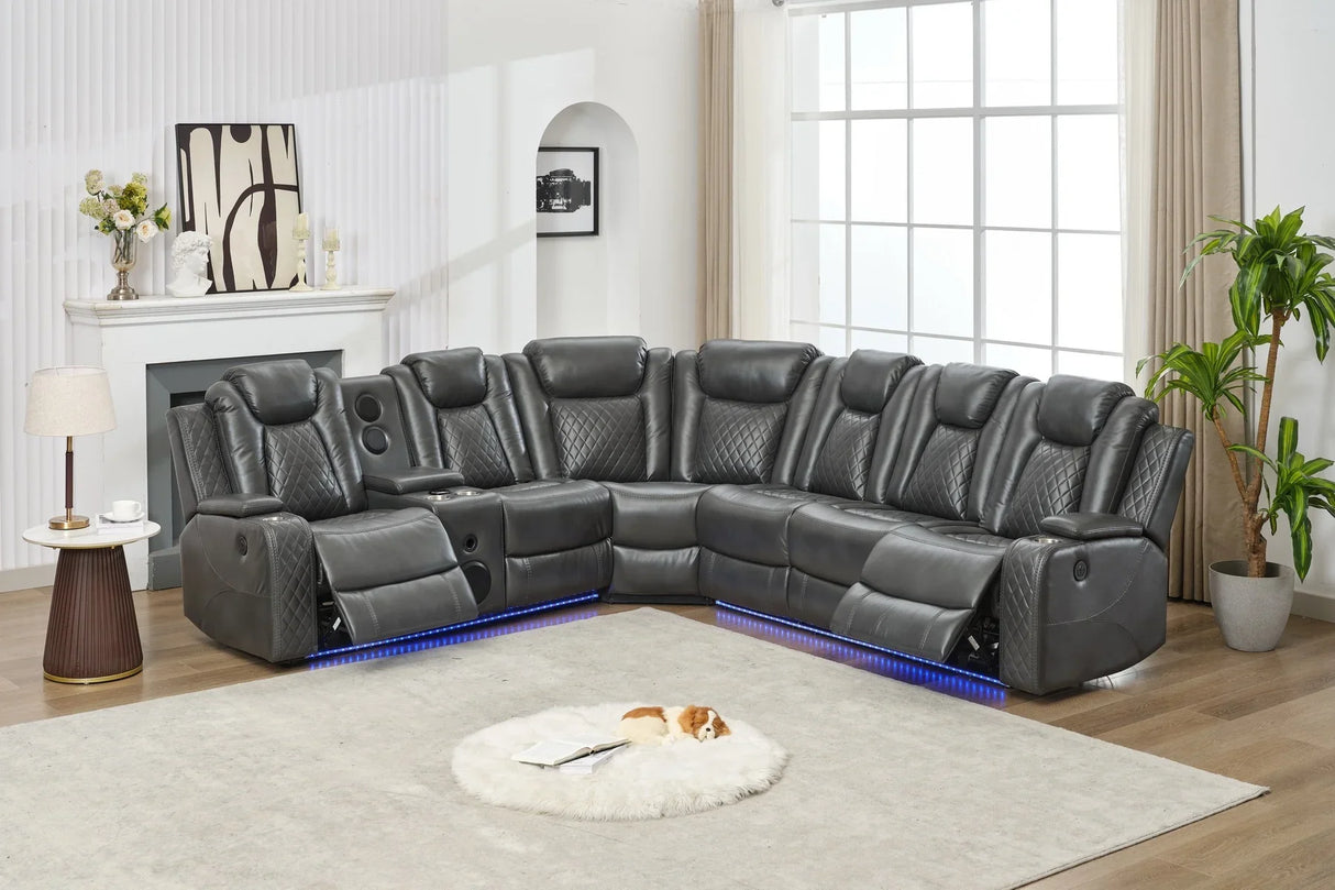 Sectional Sofa Power Reclining Leather With LED Grey - Furniture Home Direct