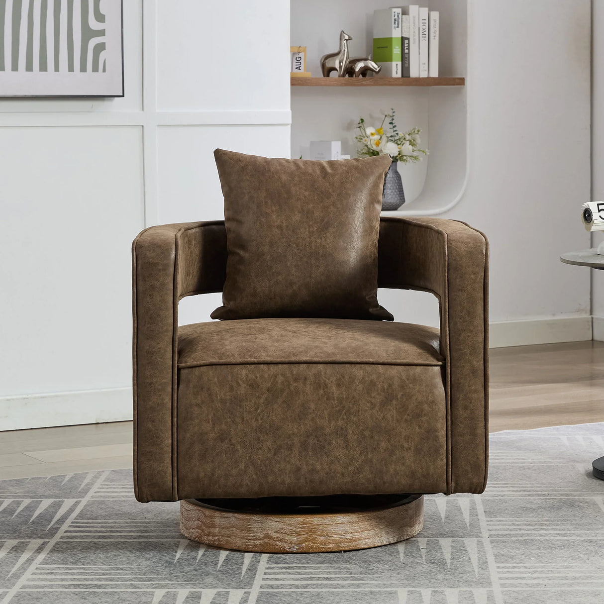 Swivel Accent Open Back Barrel Chair With Weathered Base - Furniture Home Direct