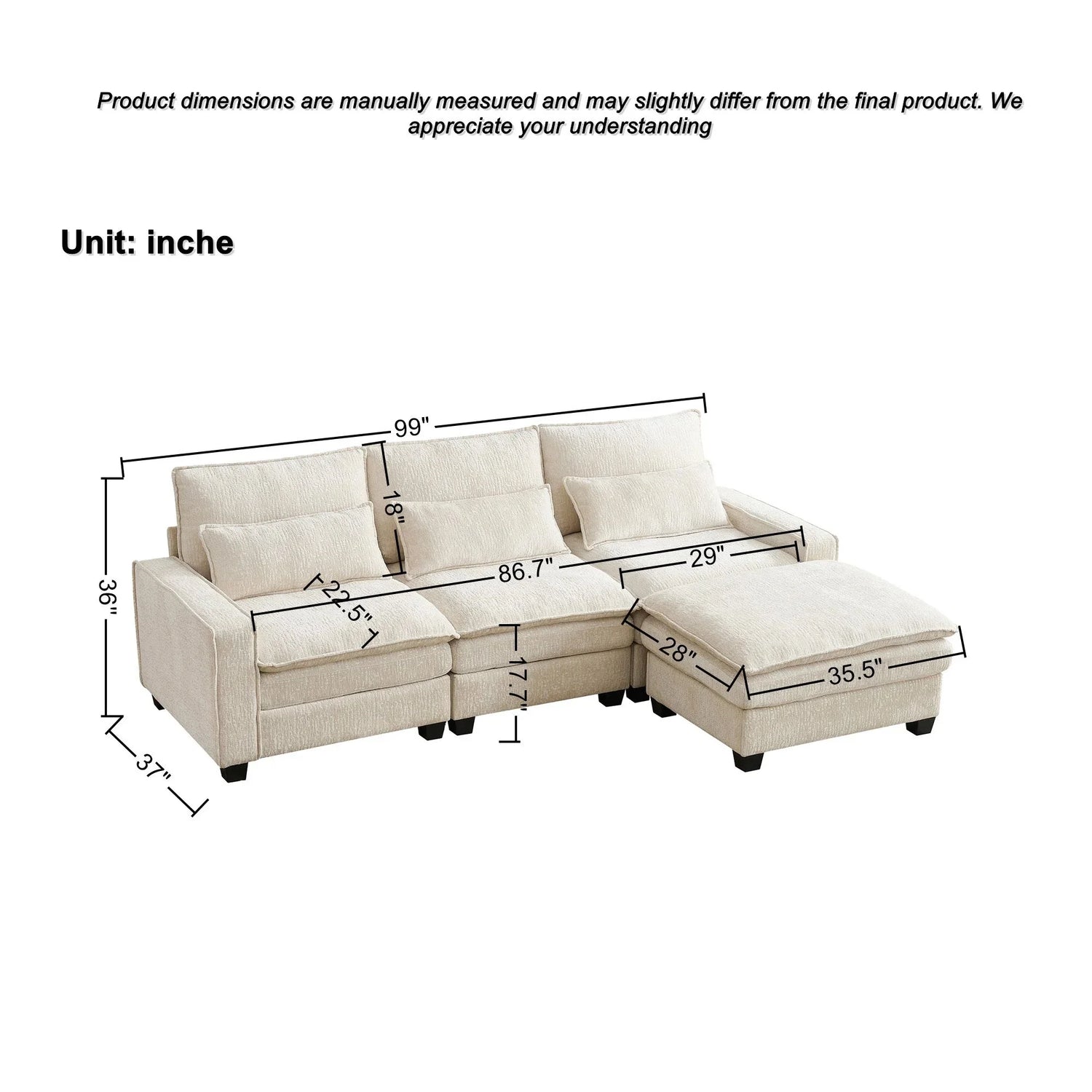Modern Comfy Chenille L Shaped Sectional Sofa With Movable Ottoman - Furniture Home Direct