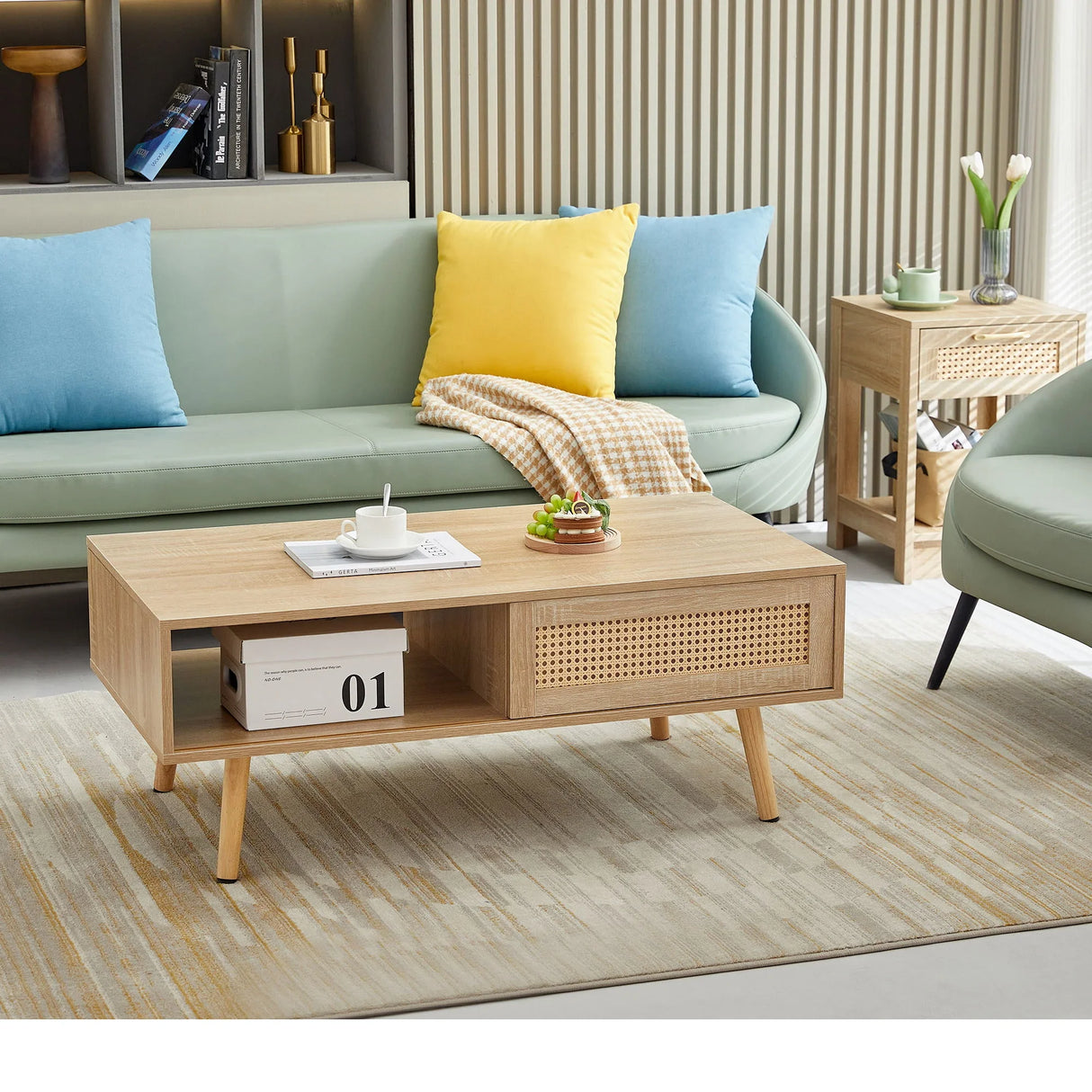 41.34" Rattan Coffee Table, Sliding Door For Storage, Solid Wood Legs, Modern Table For Living Room - Furniture Home Direct