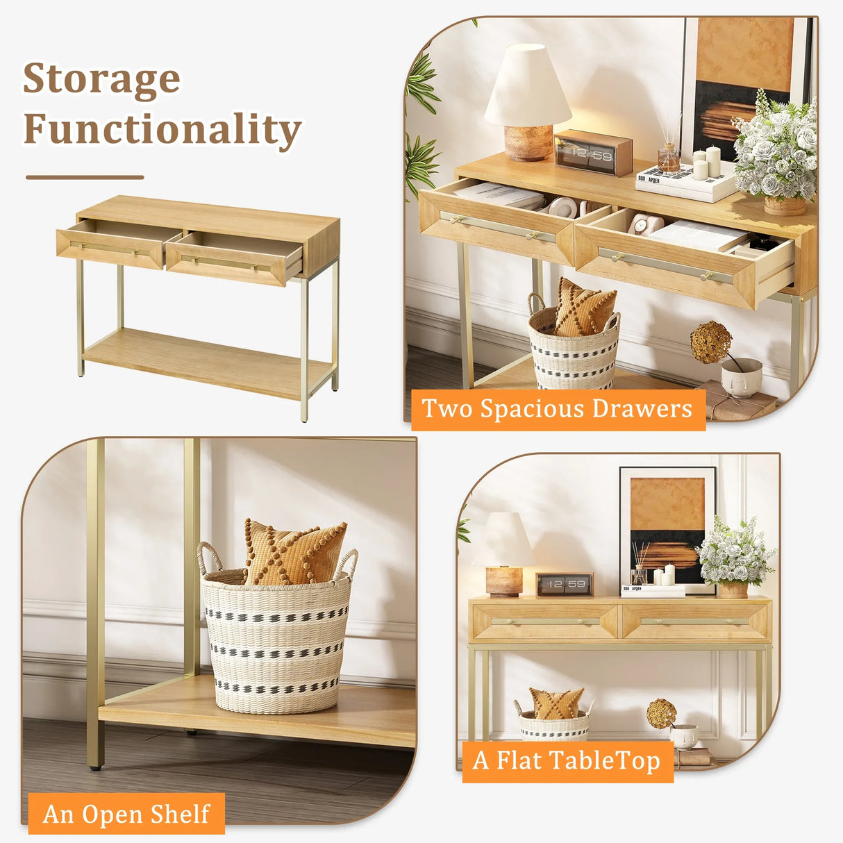 Console Table With Two Drawers Geometric Design Natural - Furniture Home Direct