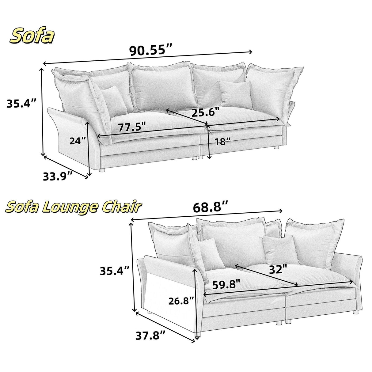 Modern Comfy Upholstered Sofa Cloud Couch, Deep Seat Couches With Multiple Large Soft Pillows - Furniture Home Direct