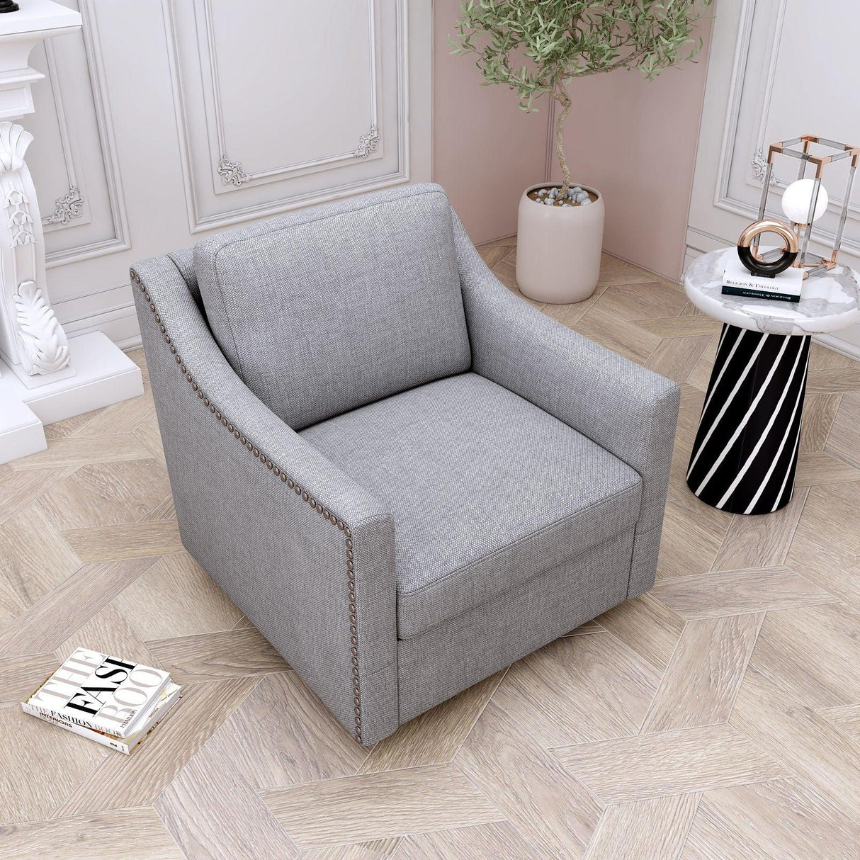 360 Degree Swivel Armchair, Skin Friendly Fabric, Ergonomic Design, Brass Nail Decorative Armchair - Furniture Home Direct